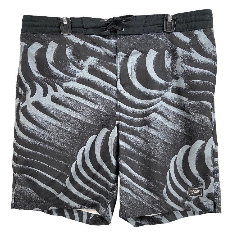 Speedoโ Swim Trunks Mens XXL Gray Black Abstract Wave Print Board Pockets Lined